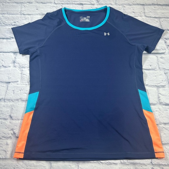 Gorpcore Under Armour Dark Blue Athletic Top with Turquoise/Orange Trim. Size L. - Picture 1 of 8